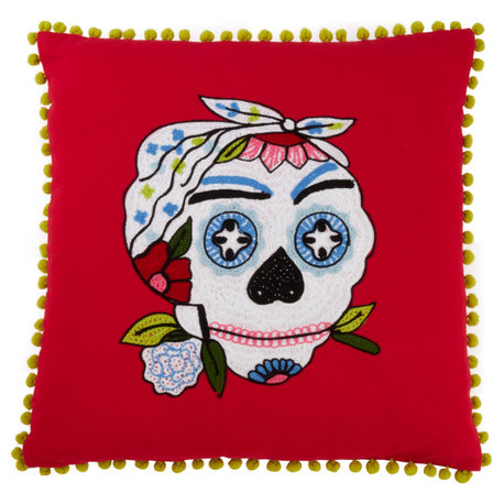 Poly Filled Pom Pom Trimmed Sugar Skull Pillow, 18"x18", Red