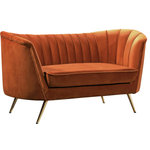 Meridian Furniture - Margo Velvet Upholstered Set, Cognac, Loveseat - Lean back and lounge in luxurious style on this stunning Margo cognac velvet loveseat by Meridian Furniture. This contemporary loveseat features plush velvet upholstery that is both classy and sumptuous against your skin, a single seat cushion and rounded arms that curve into a low, rounded back, creating a perfect, modern piece for your home. Gold stainless steel legs support this loveseat and provide stunning contrast to the loveseat's plush, cognac fabric.