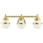 Livex Lighting - Livex Lighting Oldwick 3 Light Polished Brass Vanity Sconce - Sleek and simple lines define this beautiful polished brass finish three-light vanity sconce from the Oldwick collection. The clean, bold look of modernity blends with a raw industrial inspiration and hand blown satin opal white glass give this design a versatile and eclectic look that works with nearly any style of home decor.