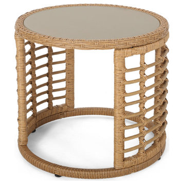 Anne Indoor Modern Boho Wicker Side Table With Tempered Glass Top, Light Brown