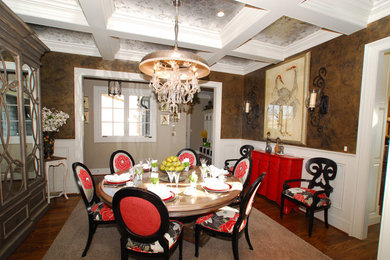 Mid-sized elegant dark wood floor enclosed dining room photo in Other with brown walls and no fireplace
