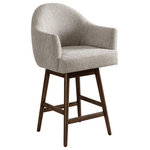 Armen Living - Jaxon Brown Solid Wood 26" Swivel Barstool, Morning Fog Fabric, Set of 2 - The Jaxon Barstool combines elegant modern transitional design with everyday practicality, making it the perfect choice for your kitchen island, bar, or counter. With its soft curves, low-back upholstered seat, and built-in armrests, the Jaxon Barstool offers both comfort and sophistication. Upholstered in durable polyester fabric, the fiber-wrapped foam cushioning ensures a plush and cozy seating experience, ideal for casual meals or entertaining guests.