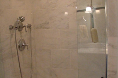 Alcove shower - mid-sized modern master white tile and stone slab dark wood floor alcove shower idea in Detroit with a one-piece toilet, green walls and a wall-mount sink