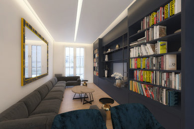 Réalisation d'une salle de séjour design de taille moyenne et ouverte avec un mur bleu, parquet clair, un téléviseur encastré et éclairage.