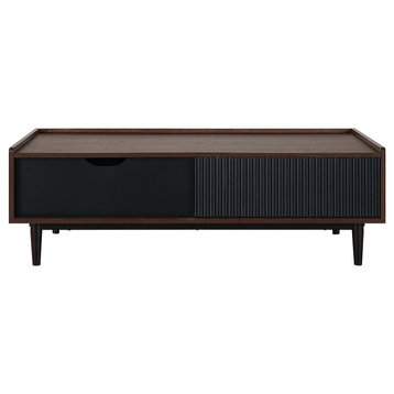 Duane Modern Ribbed Coffee Table With Drawer and Shelf, Dark Brown and Black