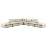 Meridian Furniture - Comfy Upholstered L-Shaped Modular Sectional, Cream, 7-Piece: 4 Armless Chair, 1 Corner Chair, 2 Ottoman, Vegan Leather - Give your space a whole new look with this cream Comfy vegan leather sectional. This handsome sectional fits nicely with other items in the Comfy collection and is a versatile seating option designed for adaptability, comfort and style. Wrapped in rich cream durable vegan leathered upholstery, this sectional offers a plush embrace of overstuffed down feather cushions, carefully crafted to deliver the highest level of comfort. The perfect seat for creating an oasis for relaxation, this sectional has thick foam surrounding its frame for added support and coziness.