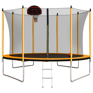 10 ft. Round Backyard Trampoline with Safety Enclosure,Basketball Hoop in Orange