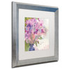 Golden 'Magenta Blossoms in Blue Vase' Art, Silver Frame, 16"x16", White Matte