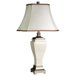 StyleCraft Home Collection - Cream Crackle Design Table Lamp with Trimmed Square Cut Corner Shade - Eye-catching details make this beige table lamp a radiant addition to a bedroom, office, or hallway. Also beautiful in a dining room or living room, this lamp includes a tapered white fabric shade with dark ribbon accents along the top and bottom. The frame has a cream crackle finish with darker tones at the base and neck.