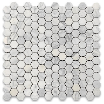 1" Hexagon Statuary Statuario White Italian Marble Mosaic Tile Honed, 1 sheet