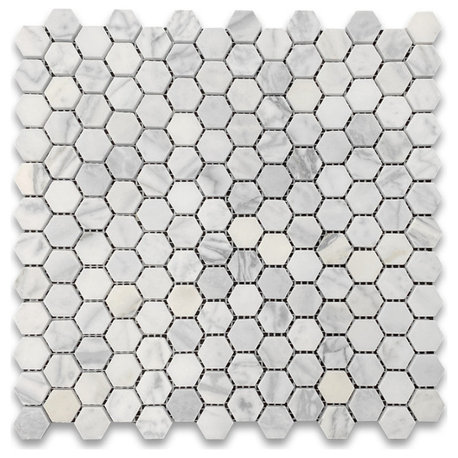 1" Hexagon Statuary Statuario White Italian Marble Mosaic Tile Honed, 1 sheet