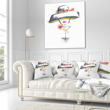 Woman With Hat And Cocktail Watercolor Portrait Throw Pillow, 18"x18"