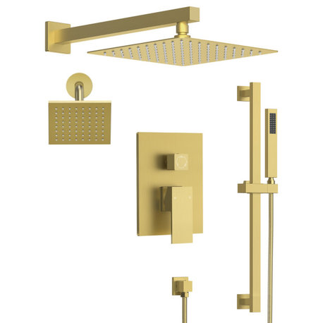 Dual Heads 10"x6" Rain Shower System With Hand Shower Spray, Brushed Gold