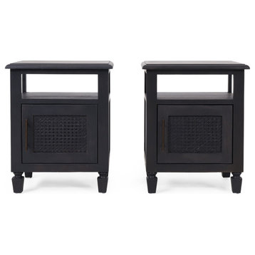 Lempster Rustic Acacia Wood and Cane Nightstands, Set of 2, Dark Gray