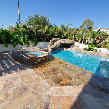 Pool Landscaping - Flagstone Patio with Custom BBQ | Fire Pit