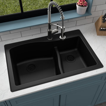 Karran Drop-In Quartz 33" 1-Hole 60/40 Double Bowl Kitchen Sink, Black