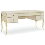 Unlimited Furniture Group - Elegante Desk - An elegant writing table that can elicit inspiration and joyful work. This Persian-inspired desk is made from solid Birch wood that's wrapped in high-quality veneers painted in a superbly smooth creamy finish. The beautiful finish is complemented by hand-painted golden outlines that merge with the golden cast metal cabriole legs. The five drawers have soft-close guides to safeguard your fingers from getting pinned or caught. The middle drawer has a pencil tray and a beautiful golden key. This majestic table is perfect for your personal working space and is 62.5 inches wide, 27 inches deep, and 30 inches tall.