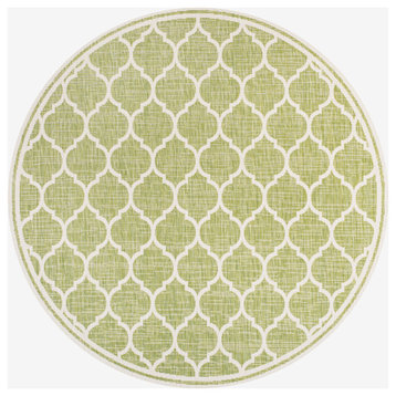 Trebol Moroccan Trellis Textured Weave Indoor/Outdoor, Green/Cream, 5' Round