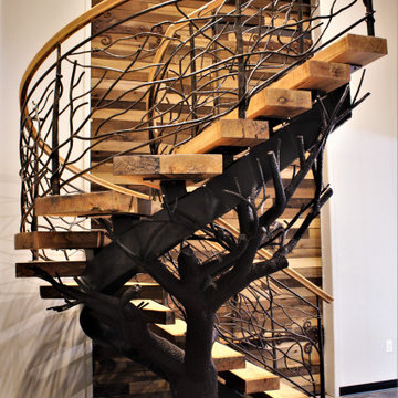 Rustic Metal Railing, Floating Staircase with Tree