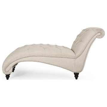 Meigs Varnell Contemporary Button Tufted Chaise Lounge, Beige + Walnut