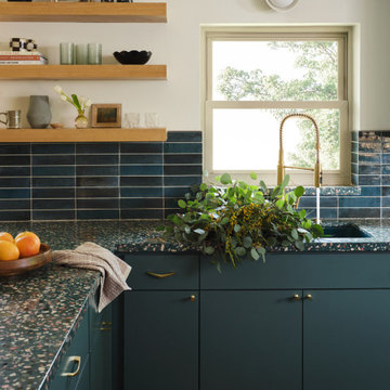 Color Drenched Kessler Kitchen Remodel - Floating Shelves + Terrazzo Countertops