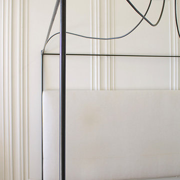 King Size Venetian Iron Canopy Bed with Upholstered Antique Linen Headboard