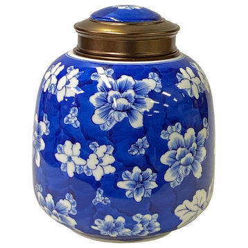 Oriental Handmade Blue White Porcelain Metal Lid Container Urn Hws1711