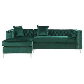 L-Shaped Sofa, Button Tufted Velvet Seat With Nailhead Trim, Green, Left Facing