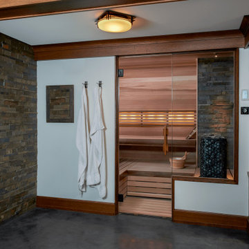 Custom Finnleo Sauna with Himalaya Heater and Stone Wall