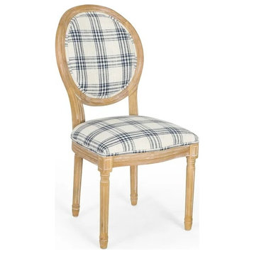 2 Pack Dining Chair, Fluted Legs & Round Back, Dark Blue Plaid Fabric/Natural