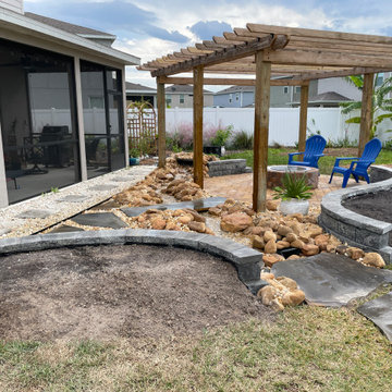 Backyard Oasis Running Stream Water Feature, Pergola, Arbor, Paver Patio, & Wall