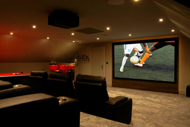 Inspiration for a large contemporary enclosed home cinema in Surrey with beige walls, carpet, a projector screen, beige floors and feature lighting.
