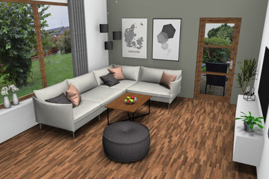 3D visualisering af nyt køkken/alrum med stue til salgsannonce