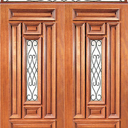 Pre-hung Mahogany Center Lite Front Double Door Elliptical Transom - Front Doors