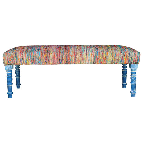 Colorful Chindi Bench with Blue Legs, 47" Length