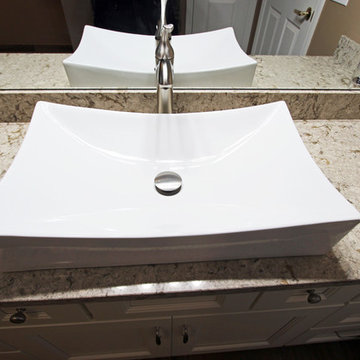 Master Bath Beige/Brown Porcelain Tiled Shower, White Vanity with Vessel Sink