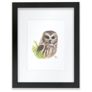 "Woodland Littles 2" Owl Individual Framed Print, With Mat, Black, 11"x14"