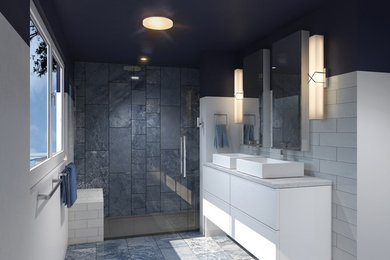 Inspiration for a mid-sized contemporary master gray tile and porcelain tile porcelain tile and gray floor bathroom remodel in Denver with flat-panel cabinets, white cabinets, a one-piece toilet, white walls, a vessel sink, quartz countertops, a hinged shower door and white countertops