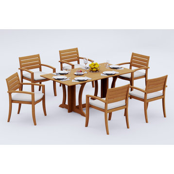 7-Piece Outdoor Teak Dining Set, 69" Table, 6 Travota Stacking Arm Chairs