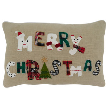 Poly Filled Throw Pillow With Whimsical Merry Christmas Design, 14"x22", Natural