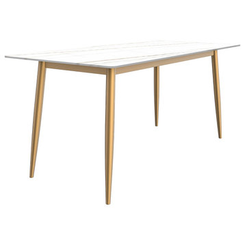 LeisureMod Zayle Dining Table With a 71" Rectangular Top and Gold Steel Base, White/Gold