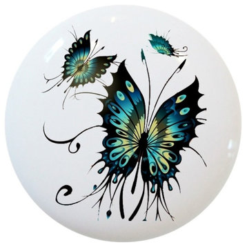 Teal Butterflies Ceramic Cabinet Drawer Knob