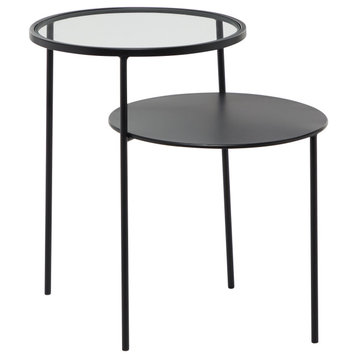 Round Black Metal Coffee Table With Glass Top, 31.5"x15", Accent Table