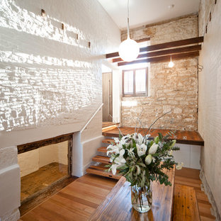 ホバートの広いコンテンポラリースタイルのLDKの画像 (白い壁、無垢フローリング、暖炉なし)