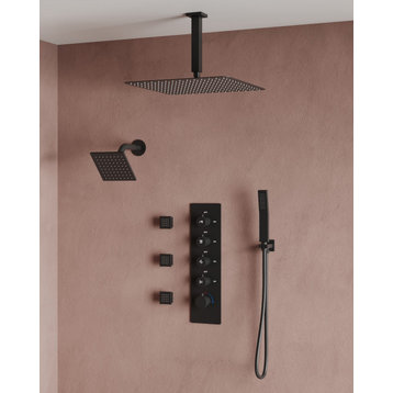 Dual Heads High Pressure Shower Head 5 Way Thermostatic Faucet with 3 Body Jets, Matte Black, 16" X 6"