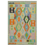 Bareens Designer Rugs - Tribal Turkish Kilim Collins Hand-Woven Wool Rug - 4'2'' x 5'10'' - Elevate the elegance of your home with this stunning hand-woven tribal Kilim wool rug. Meticulously crafted on a loom by the Nomad Turkman people using hand-spun wool and 100% natural vegetable dyes, these rugs are recognized for their repetitive geometric patterns, incorporating naturalistic floral and traditional designs. The contemporary fashion palette results in bold, sharp patterns that are incredibly versatile, as the pattern is the same on both sides. These reversible rugs feature a lighter shade on one side and brighter colors on the other, providing versatility according to preference. These unique rugs are made by knotting short strands of different colors onto the warps and securing them by tightly pressing the wefts. The designs are created by interweaving the various colored wefts and warps. Kilims are known for their exceptional durability and versatility, making them truly unique rugs.  Product Details    Rug Size: 4'2'' x 5'10''  Material: 100% Wool  Style: Kilim, Flat Weave, Dhurrie, Turkish, Southwestern, Rustic, Tribal  Colors: Blue, Orange  Weave Type: Hand-Woven, Handmade  Pile Height: Less than 0.25 inch