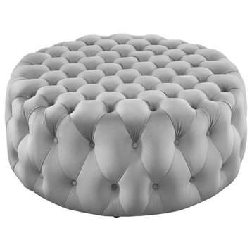 Amour Tufted Button Large Round Performance Velvet Ottoman - Light Gray...