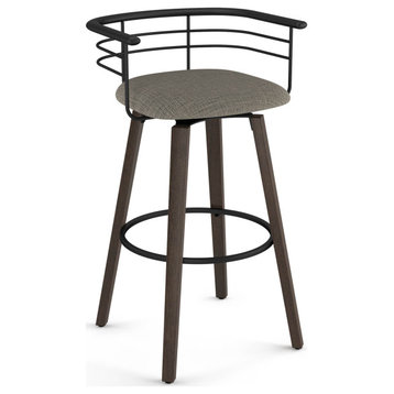Amisco Colt Swivel Counter and Bar Stool, Beige & Black Tweed Fabric / Dark Grey-Brown Wood, Counter Height