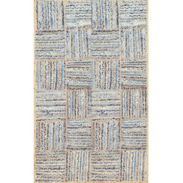 Contemporary Area Rug, Unique Denim/Blue Interspersed Striped Pattern, 7' Square