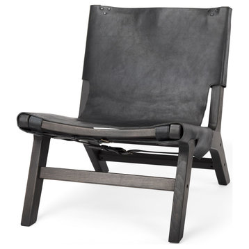 Elodie Black Genuine Leather w/ Black Solid Wood Frame Accent Chair